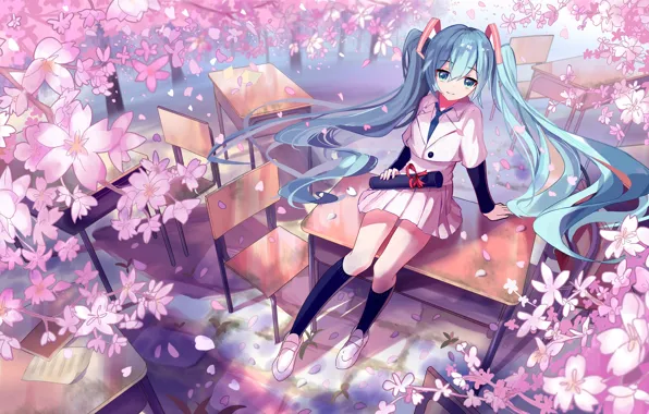 Стулья, сакура, гольфы, vocaloid, Hatsune Miku, цветение, школьная форма, вокалоид
