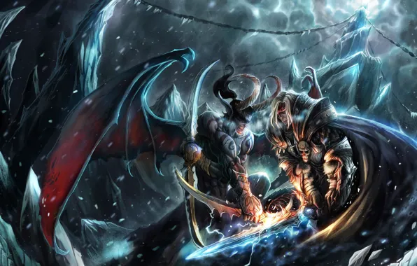 Картинка снег, скалы, демон, арт, рога, битва, WarCraft 3, TFT
