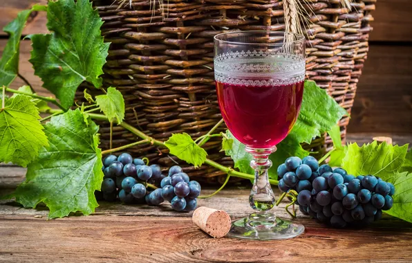Картинка листья, вино, красное, бокал, виноград