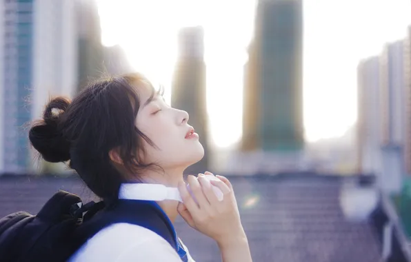 City, Beautiful, Asian, Model, Headphone, Woman, Building, Cute