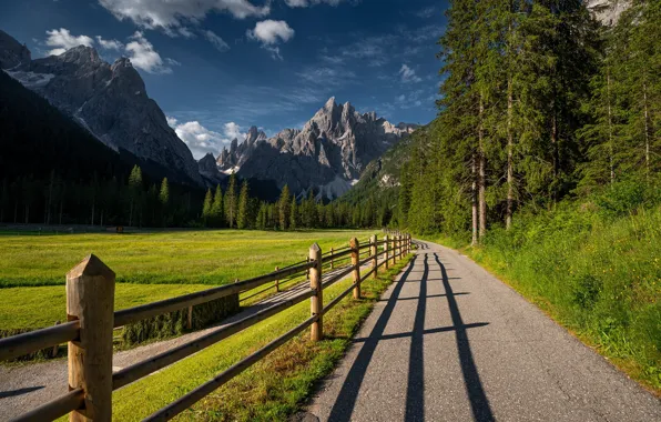 Картинка дорога, лес, горы, забор, долина, луг, Италия, Italy