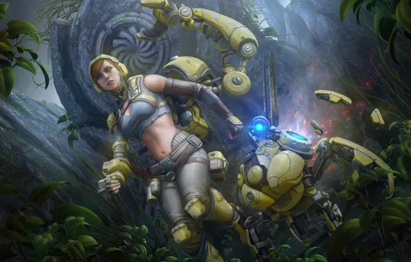Картинка девушка, Paragon, Gadget, робот, лес, art