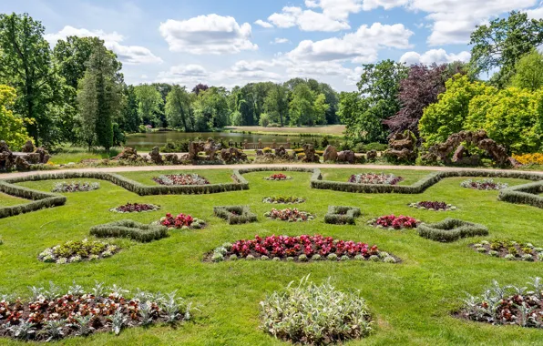 Зелень, небо, трава, солнце, облака, деревья, цветы, дизайн