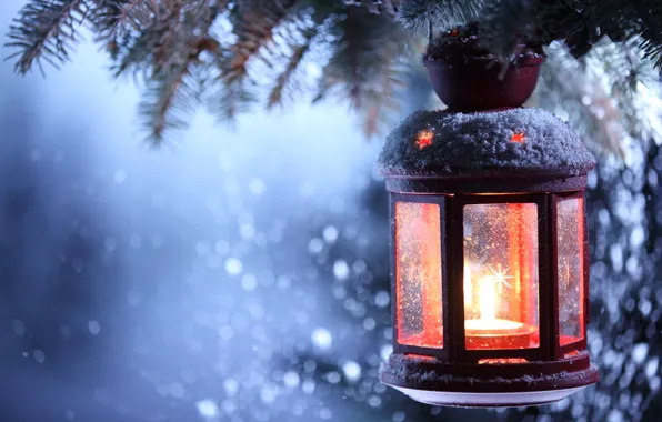Зима, снег, свеча, фонарь, Новый год, new year, winter, snow