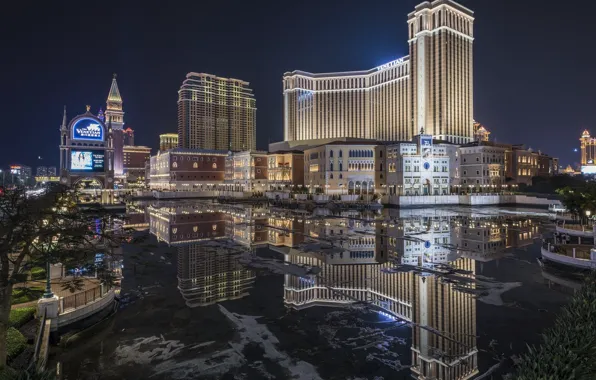 Ночь, город, Китай, Макао, Venetian Macao-Resort-Hotel