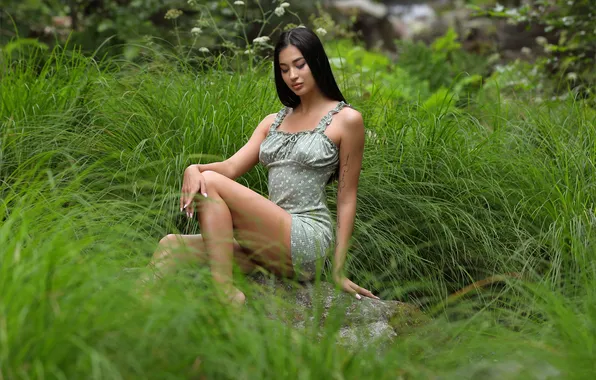 Nature, model, Aria, gorgeous, photoshoot, posing, green dress, beautiful face