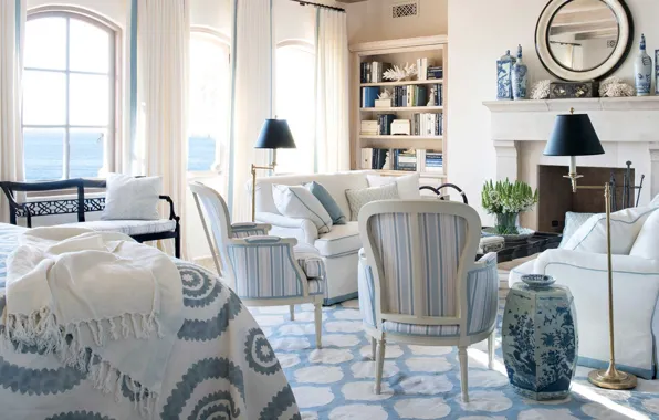 Дизайн, стиль, вилла, интерьер, камин, вид на море, гостиная, blue-white master bedroom