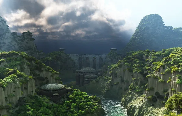 House, river, sky, mountains, clouds, byzantine canyon