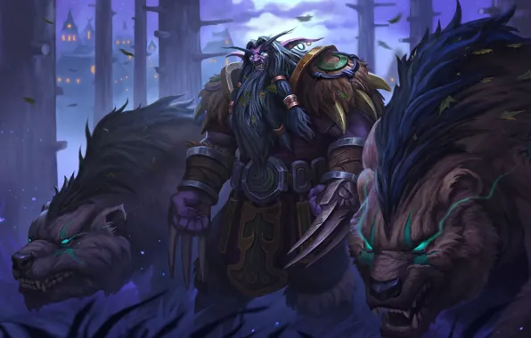 Ночь, Медведи, WOW, Друид, Blizzard, Эльф, Арт, Art