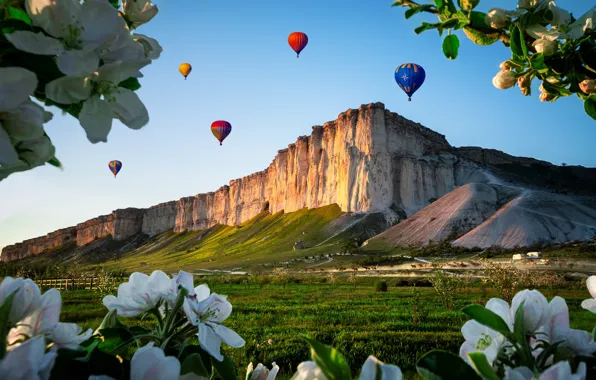 Картинка пейзаж, ветки, воздушные шары, скалы, яблоня, цветение, Крым, Белая Скала