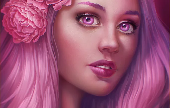 Картинка девушка, цветы, лицо, волосы, розовые, art, JuneJenssen