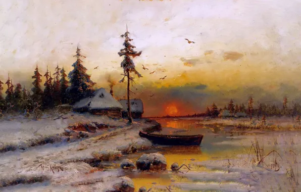 Зима, снег, закат, картина, живопись, Зимний закат, Юлий Клевер