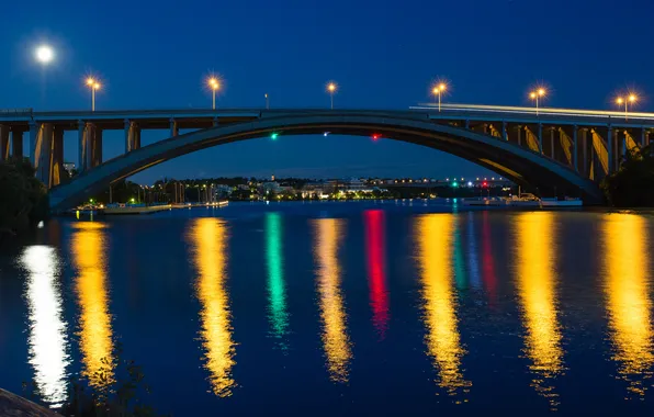 Небо, мост, огни, отражение, река, дома