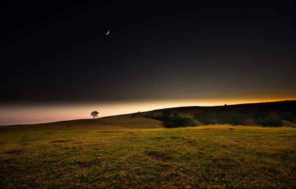 Картинка поле, закат, ночь, месяц
