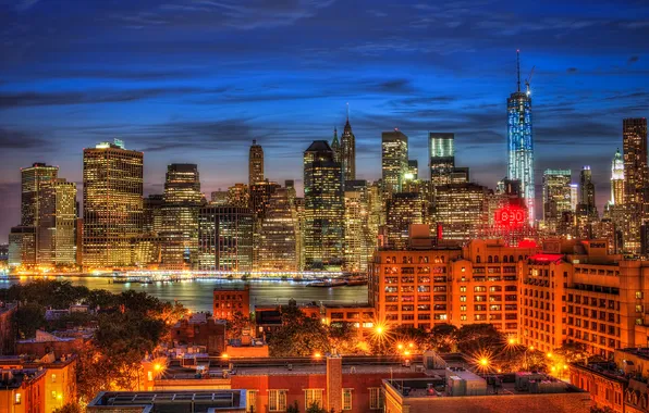 Картинка ночь, огни, Нью-Йорк, Манхеттен, панорама, сумерки, Эмпайр-стейт-билдинг, One World Trade Center