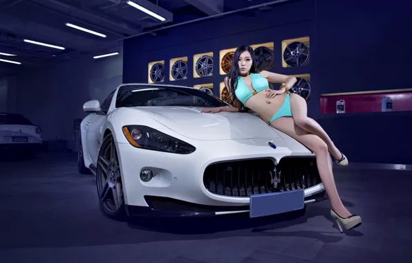 Купальник, взгляд, Maserati, азиатка, Эротика, красивая девушка, белый авто