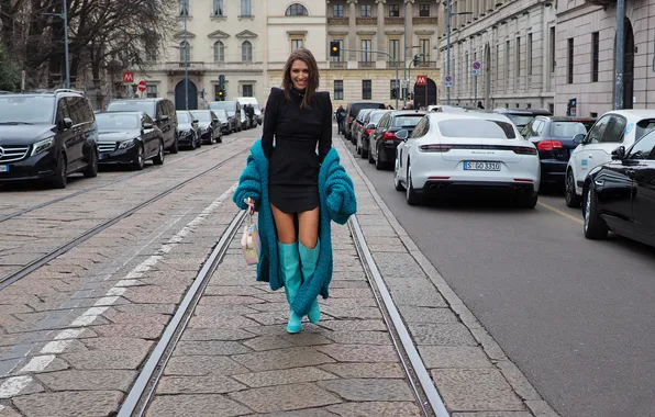 Girl, street, coat, boots, mini dress