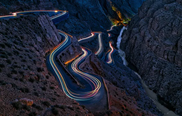 Картинка дорога, свет, горы, скалы, выдержка, каньон