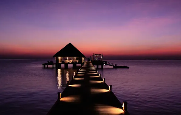 Свет, океан, вечер, причал, Мальдивы, курорт, бунгало, jetty Kanuhura Maldives