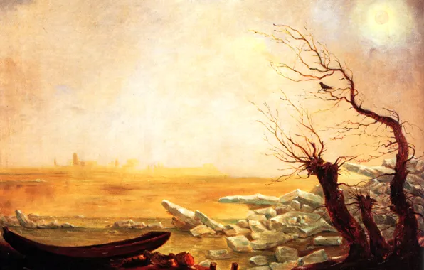 Картинка пейзаж, дерево, птица, картина, Карл Густав Карус, Лодка в Ледяных Плавучих Льдинах