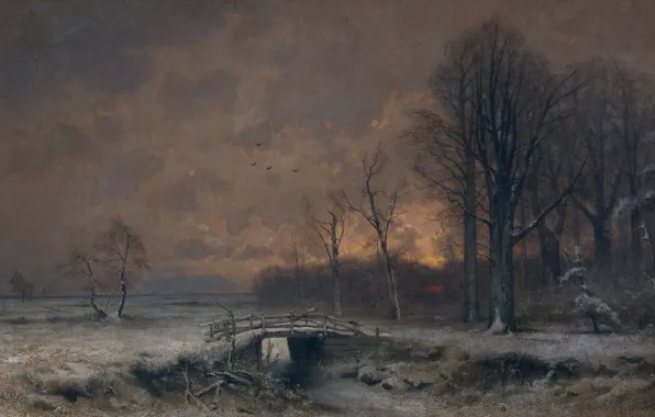 Картинка пейзаж, мост, картина, Луис Апол, Зимний Вид с Закатом Между Деревьями