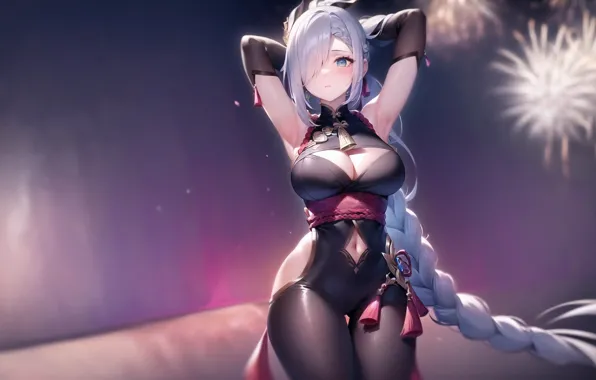 Cleavage, solo, big boobs, braids, white hair, belly button, armpits, hair over one eye