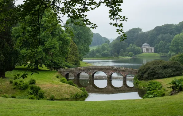 Деревья, мост, озеро, Англия, панорама, Стурхед, England, Wiltshire