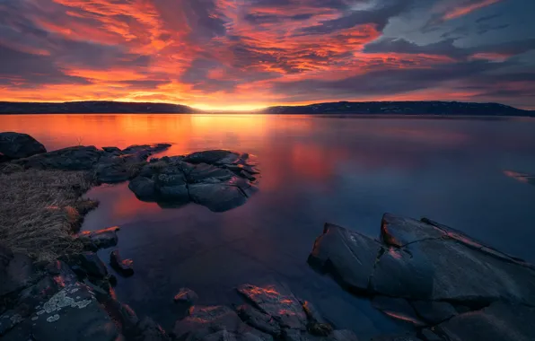 Горы, озеро, восход, камни, рассвет, Норвегия, Norway, Lake Tyri