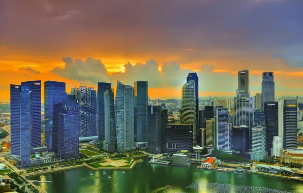 Солнце, облака, закат, небоскребы, Сингапур