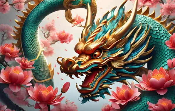 Картинка дракон, colorful, Новый год, golden, золотой, symbol, китайский, символ года