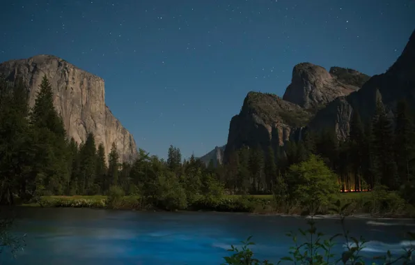 Картинка горы, река, Калифорния, California, Yosemite Valley, Yosemite National Park, Сьерра-Невада, звёздное небо