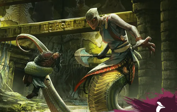 Картинка axe, snake, armor, man, fight, Yuan-ti