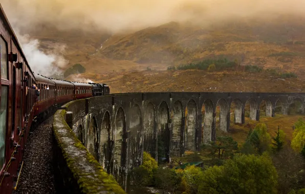 МОСТ, ПОЕЗД, АРКИ, ВАГОНЫ, СОСТАВ, ПАРОВОЗ, Glenfinnan Viaduct, Виадук Гленфиннан