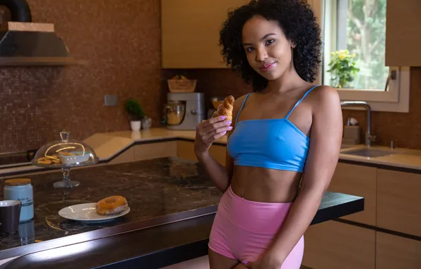Model, gorgeous, photoshoot, posing, blue top, beautiful face, curly hair, pink shorts