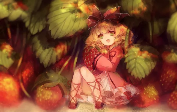 Ягоды, клубника, бант, rozen maiden, зеленые глаза, оборки, hinaichigo