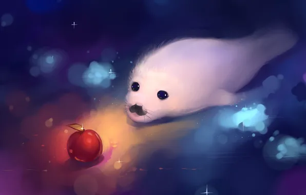 Картинка белый, яблоко, детеныш, art, Baby seal, морской тюлень, hangmoon
