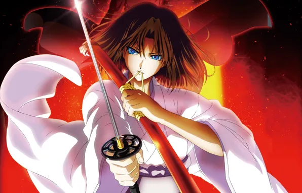Картинка девушка, пламя, меч, катана, искры, кимоно, граница пустоты, Kara no Kyoukai