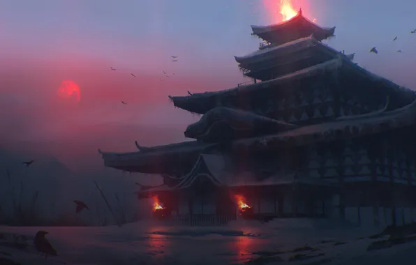 Холод, зима, огонь, Япония, храм, сумерки, красная луна, воронье