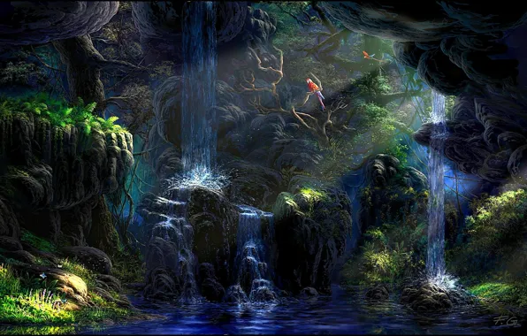 Картинка лес, вода, лучи, деревья, птицы, водопад, джунгли, Fel-X