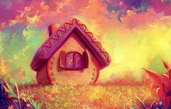 Картинка графика, сказочный лес, сказочный домик, жёлто-розовый фон, фэнтези миры