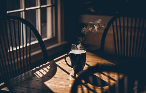 Картинка стол, дерево, чай, кофе, тень, окно, стул, пар
