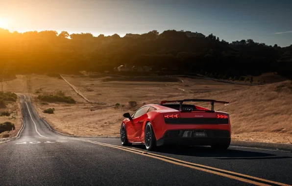 Lamborghini, Red, Gallardo, Sun, Road, LP570-4, Supercar, Spoiler
