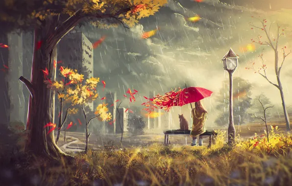 Картинка осень, кот, листья, девушка, тучи, дом, дождь, дерево