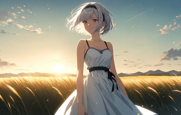 Поле, девушка, солнце, аниме, girl, field, woman, anime