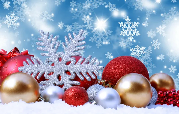 Снег, украшения, снежинки, шары, Рождество, Новый год, christmas, new year