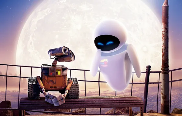 Картинка Робот, Луна, Скамейка, Wall-e, Ева, Лавочка, Eva, Валл-и