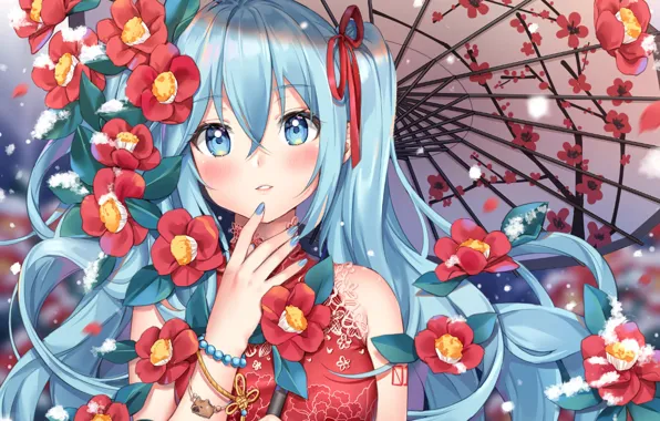 Девушка, цветы, Hatsune Miku, Vocaloid, Вокалоид, Хатсуне Мику, камелии