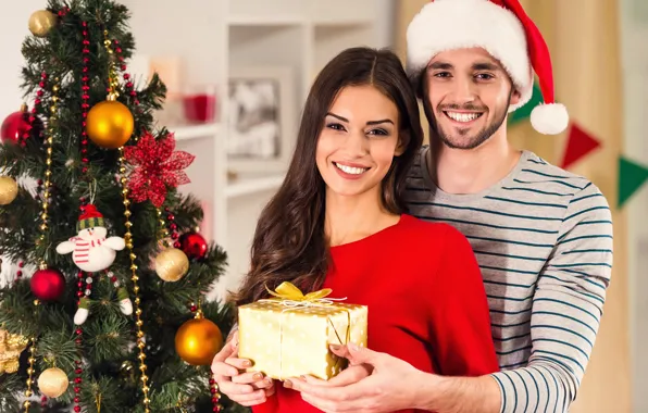 Девушка, улыбка, елка, пара, Новый год, мужчина, влюбленные, Christmas