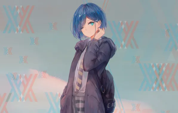 Взгляд, девушка, серый фон, Darling In The Frankxx