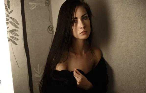 Взгляд, поза, модель, портрет, макияж, прическа, шатенка, стоит